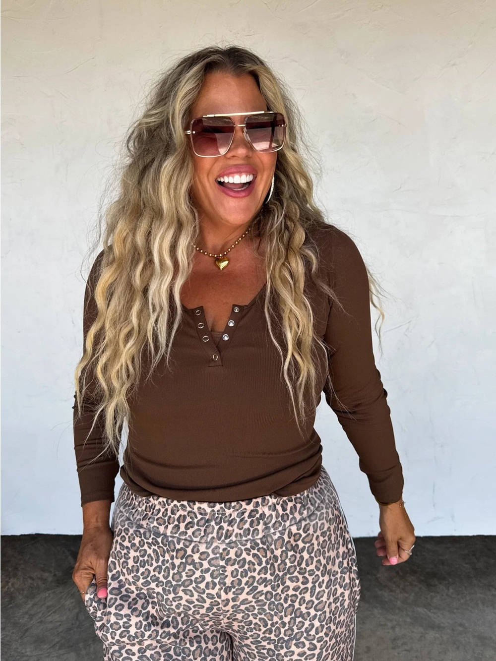 Women’s Long Sleeve Henley Top in Brown with Thumbholes